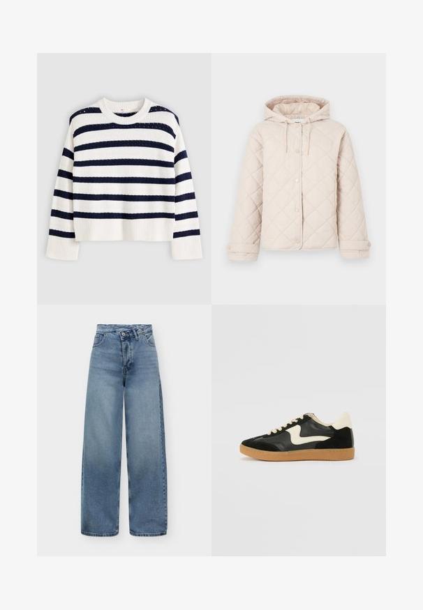 Veste matelassée beige clair avec capuche, fermeture à boutons-pression, manches longues et poignets réglables.; Pull blanc en maille à manches longues avec larges rayures horizontales bleu marine et poignets et ourlet côtelés, posé à plat sur un fond gris.; Jean bleu taille haute à jambes larges avec fermeture bouton et zip, poches avant et texture denim délavée sur fond uni.; Baskets en daim et cuir noir avec un swoosh latéral crème et un talon crème clair. Dotées de lacets beige et d'une semelle en caoutchouc gomme.