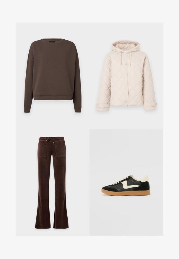 Lys beige quiltet jakke med hætte, trykknaplukning, lange ærmer og justerbare manchetter.; Brun sweatshirt med rund halsudskæring, lange ærmer og ribbede manchetter. Fremstillet af blødt stof med en glat tekstur og en afslappet pasform.; Mørkebrune velourbukser med snøre i taljen, to frontlommer og let udvidede ben mod en ensfarvet baggrund.; Sorte ruskinds- og lædersneakers med en cremefarvet side-swoosh og lys cremefarvet hæl. Har beige snørebånd og en gummirubber-sål.