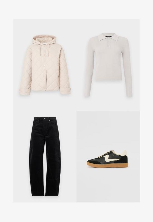 Veste matelassée beige clair avec capuche, fermeture à boutons-pression, manches longues et poignets réglables.; Polo à manches longues gris clair avec une texture côtelée, patte de boutonnage à deux boutons et col classique. Tissu doux avec une coupe ajustée.; Pantalon droit en velours côtelé noir avec fermeture à bouton et zip à l'avant, poches avant et arrière, présenté sur un fond uni.; Baskets en daim et cuir noir avec un swoosh latéral crème et un talon crème clair. Dotées de lacets beige et d'une semelle en caoutchouc gomme.