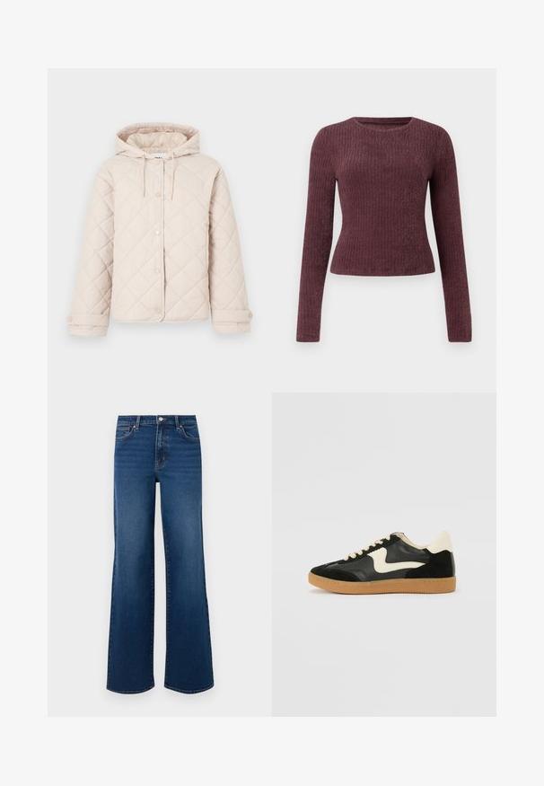Lys beige quiltet jakke med hætte, trykknaplukning, lange ærmer og justerbare manchetter.; Langærmet, ribbet top i dyb burgunder. Har en rund halsudskæring og tætsiddende silhuet. Fremstillet af blødt, tekstureret stof.; Vidde ben denim jeans i mørkeblå med en tekstureret overflade, der har en knaplukning, fem lomme-design og lige kant.; Sorte ruskinds- og lædersneakers med en cremefarvet side-swoosh og lys cremefarvet hæl. Har beige snørebånd og en gummirubber-sål.