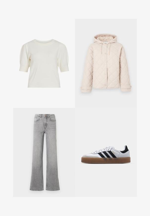 Lichtbeige doorgestikte jas met capuchon, drukknoopsluiting, lange mouwen en verstelbare manchetten.; Witte, korte mouwen gebreide top met een ronde hals en puffmouwen. Glad oppervlak en aansluitende pasvorm, geschikt voor casual wear.; Grijze denim flared jeans met een hoge taille, voorkruiszakken, riemlussen en een subtiele vervaagde afwerking, gepresenteerd op een witte achtergrond.; Witte leren sneakers met zwarte strepen, gumrubberen buitenzool, ronde neus, vetersluiting en een zachte grijze suède neuskap.