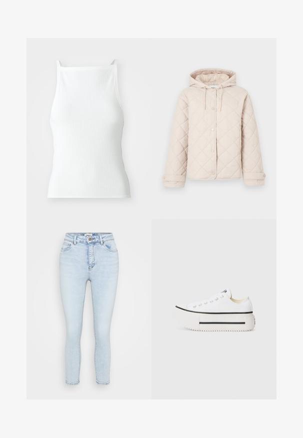 Hellbeige gesteppte Jacke mit Kapuze, Druckknopfverschluss, langen Ärmeln und verstellbaren Bündchen.; Weißes, geripptes Tanktop mit dünnen Trägern, das ein enges Design und eine glatte Textur aufweist. Der Stoff wirkt elastisch und leicht strukturiert.; Hellblaue Denim-Jeans mit hohem Bund, enger Passform, Fünf-Taschen-Design und einem Einzelknopfverschluss. Glatte Textur mit minimalem Verblassen.; Weiße Canvas-Plattform-Sneaker mit schwarzer Gummisohle, runder Zehenkappe und Metallösen, die ein einfaches, klares Design aufweisen.