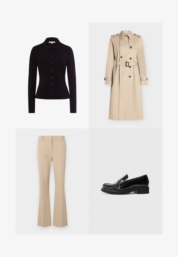 Beige lange trenchcoat met dubbelrijige knopen, taillering met ceintuur, schouderepauletten en knoopmanchetten.; Zwarte lange mouwen shirt met een kraagnek, met een knoopsluiting aan de voorkant en een getailleerde vorm, gemaakt van een gladde stof.; Beige op maat gemaakte broek met een rechte pasvorm, voorzien van een platte voorkant, riemlussen en een gladde textuur. Geen zichtbare zakken of patronen.; Zwarte gepatineerde leren loafers met een decoratieve gathered rand, vlakke rubberen zool en een kleine metalen logo-accent op de band.