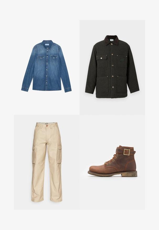 Andetjakke i mørkt houndstooth-mønster, med krave af kunstpels, trykknaplukning og to forlommer med sølvfarvet hardware.; Mørkeblå denimskjorte med lange ærmer, klassisk krave, knaplukning fortil, to brystlommer og kontrasterende stiklinger på sømmene.; Beige cargo bukser med to sidelommer, knaplukning, bæltestropper og lige ben. Fremstillet af slidstærkt bomuldsstof.; Harley Davidson VNTGMOTO SHORT RIDING APPROVED - Cowboy- / bikerstøvlette - brown