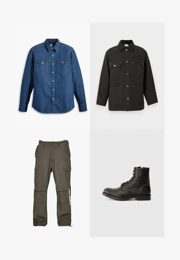 Andetjakke i mørkt houndstooth-mønster, med krave af kunstpels, trykknaplukning og to forlommer med sølvfarvet hardware.; Denim skjorte i mørkeblå med lange ærmer, spids krave og trykknapper. Har to brystlommer med klapper og kontrastsying.; Olivengrønne cargo bukser lavet af bomuld med flere lommer, lige pasform og justerbare ankelmanchetter. Har forstærkede sømme for holdbarhed.; Brun læder ankelstøvle med rund tå, syv huller design, hvid syning og struktureret overflade. Robuste gummisål, klassisk stil.