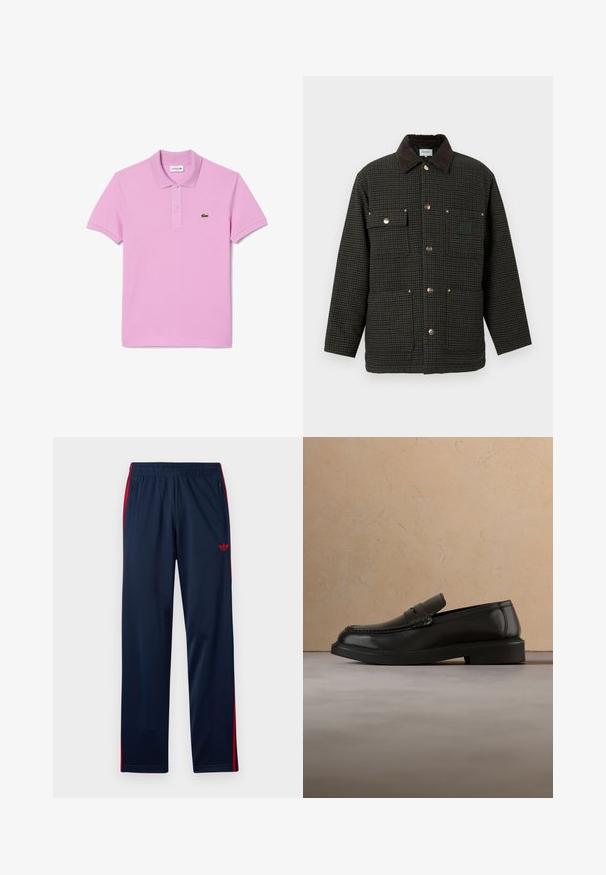Sinninpuku tummasta houndstooth-kuviosta, jossa on keinoturkiskaulus, nepparikiinnitys ja kaksi etutaskua hopean värisillä yksityiskohdilla.; Vaaleanpunainen polo-paita, joka on valmistettu puuvillasta, jossa on kauluskainalot, lyhyet hihat, kolmonen napitus ja Lacosten krokotiililogo vasemmassa rinnassa.; Laivastonsiniset urheiluhousut, joissa on punaiset sivuraidat, joustava vyötärönauha, vetoketjulliset taskut ja punainen Adidas-trefoil-logo vasemmassa reisessä.; Musta nahkainen loafer-kenkä leijuu beigen sävyisen kudotun maton yllä, taustalla pyöreä puinen pöytä ja sohva.