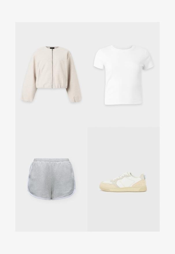 Veste bomber beige clair avec fermeture éclair à l'avant, deux poches latérales, manches longues bouffantes, et ourlet et poignets élastiqués.; T-shirt blanc uni à manches courtes et col rond sur fond gris clair, présenté à plat face vers l’avant.; Short de sport gris clair avec bordure blanche et taille élastique, posé à plat sur un fond blanc.; Baskets blanches et beiges avec dessus en suède et textile, présentant des coutures contrastées, une semelle en caoutchouc et un accent bleu clair sur le talon.