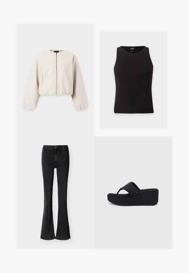 Veste bomber beige clair avec fermeture éclair à l'avant, deux poches latérales, manches longues bouffantes, et ourlet et poignets élastiqués.; Débardeur noir cintré sans manches avec un col rond, taille petite, présenté sur un fond clair.; Jean flare noir taille haute avec poches avant, passants de ceinture, fermeture à bouton et coutures visibles sur un fond clair uni.; Sandale tong à plateforme noire avec une large bride et un design à lanière d'orteil. Fabriquée en matériau lisse, avec une semelle rembourrée et un marquage minimaliste.