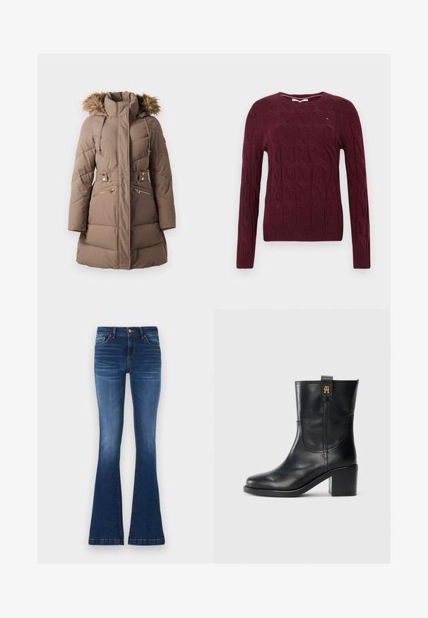 Taupe gefütterter Wintermantel mit Fellkapuze, hohem Kragen, tailliertem Design und mit Reißverschlüssen versehenen Fronttaschen vor weißem Hintergrund.; Bordeauxfarbener Strickpullover mit Zopfmuster, Rundhalsausschnitt und gerippten Bündchen und Saum. Weiche Textur mit minimalem Branding auf der Brust.; Ausgestellt geschnittene Blue Jeans aus Denim, mit einer mittelhohen Taille, fünf Taschen und kontrastierenden Nähten entlang der Nähte.; Schwarze Lederstiefel bis zur Wade mit Blockabsatz und goldenem "TH"-Logo an der Zuglasche vor weißem Hintergrund.