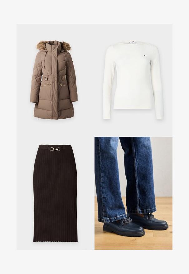 Taupe gewatteerde winterjas met bont afgewerkte capuchon, hoge kraag, ceintuur in de taille en ritszakken aan de voorkant tegen een witte achtergrond.; Witte geribbelde top met lange mouwen, een ronde halslijn en een klein logo op de borst. De stof lijkt zacht en textuur te hebben.; Zwarte geribbelde kokerrok met een tailleband voorzien van een metalen gesp, gestructureerde stof, knielang ontwerp en een gegolfde zoom.; Marineblauwe leren schoenen met een dikke zool en kettingdetails op de bovenkant, gecombineerd met loszittende donkerblauwe spijkerbroeken.