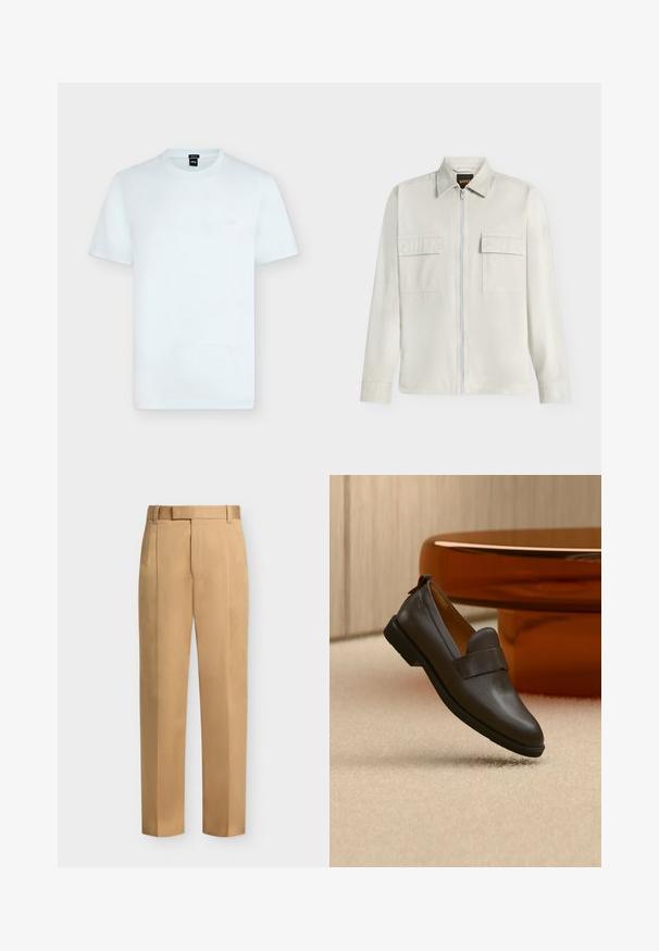 Veste beige clair à manches longues avec fermeture éclair complète sur le devant, deux poches poitrine à rabat et un col classique, affichée sur fond blanc.; T-shirt blanc uni à manches courtes et col rond avec petit logo "BOSS" sur la poitrine gauche et une étiquette noire à l'intérieur de l'encolure.; Pantalon beige droit avec passants de ceinture, plis devant et fermeture éclair.; Mocassin en cuir marron foncé avec un petit talon flottant au-dessus d'un tapis beige, à côté d'une table brillante, arrondie et de couleur ambre.