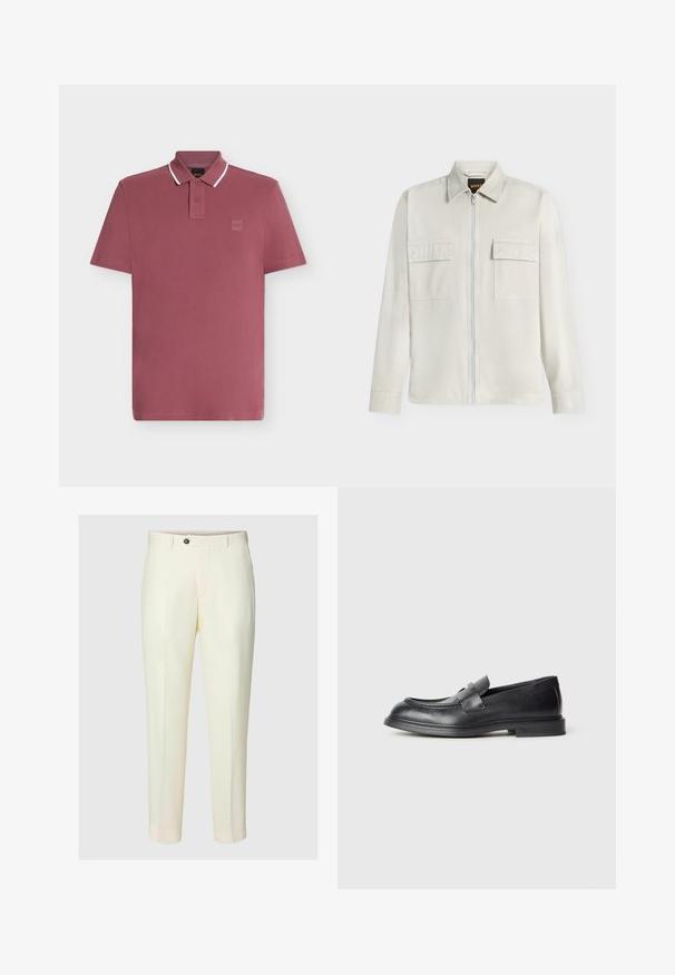 Veste beige clair à manches longues avec fermeture éclair complète sur le devant, deux poches poitrine à rabat et un col classique, affichée sur fond blanc.; Polo à manches courtes rose poudré avec bordure de col blanche, patte de boutonnage à deux boutons et petit logo carré sur la poitrine.; Pantalon sur mesure couleur crème avec fermeture à boutons et poches latérales, présenté sur un fond uni.; Mocassins en cuir noir avec une finition texturée, dotés d'une bride décorative à l'avant et d'un bout arrondi. Semelle en caoutchouc pour plus de durabilité.