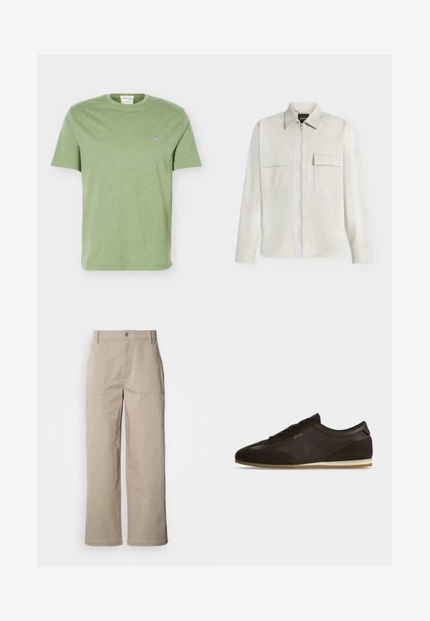 Veste beige clair à manches longues avec fermeture éclair complète sur le devant, deux poches poitrine à rabat et un col classique, affichée sur fond blanc.; T-shirt en coton vert clair à manches courtes, col rond et petit logo brodé sur la poitrine gauche.; Pantalon beige à jambes larges en coton ; doté de poches plaquées à l'avant, d'une fermeture à bouton et de coutures visibles le long des ourlets.; Baskets en cuir et daim marron foncé avec lacets à l’avant, semelle claire et logo "BOSS" doré sur le côté.