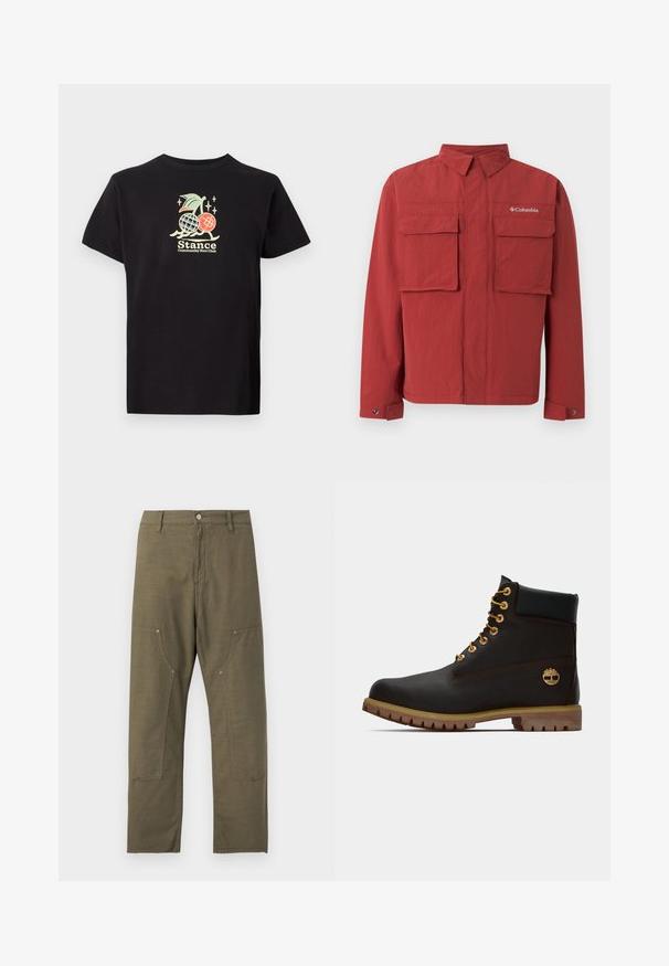 Rote Columbia-Jacke mit zwei großen aufgesetzten Taschen vorne, knopfähnlichen Manschetten und Stehkragen, flach auf hellem Hintergrund liegend.; Schwarzes Baumwoll-T-Shirt mit einem bunten Grafikdruck, der eine Ananas und Kirschen zeigt. Der Text lautet "Stance Community Run Club." Mit kurzen Ärmeln.; Olivgrüne, gerade geschnittene Hose mit aufgesetzten Taschen vorne, Gürtelschlaufen, Knopfverschluss und sichtbaren Nahtdetails.; Schwarze Leder-Ankle-Boots mit goldenen Ösen, braunen Akzenten und einer Gummisohle. Verfügt über einen gepolsterten Schaft und ein geprägtes Logo an der Seite.