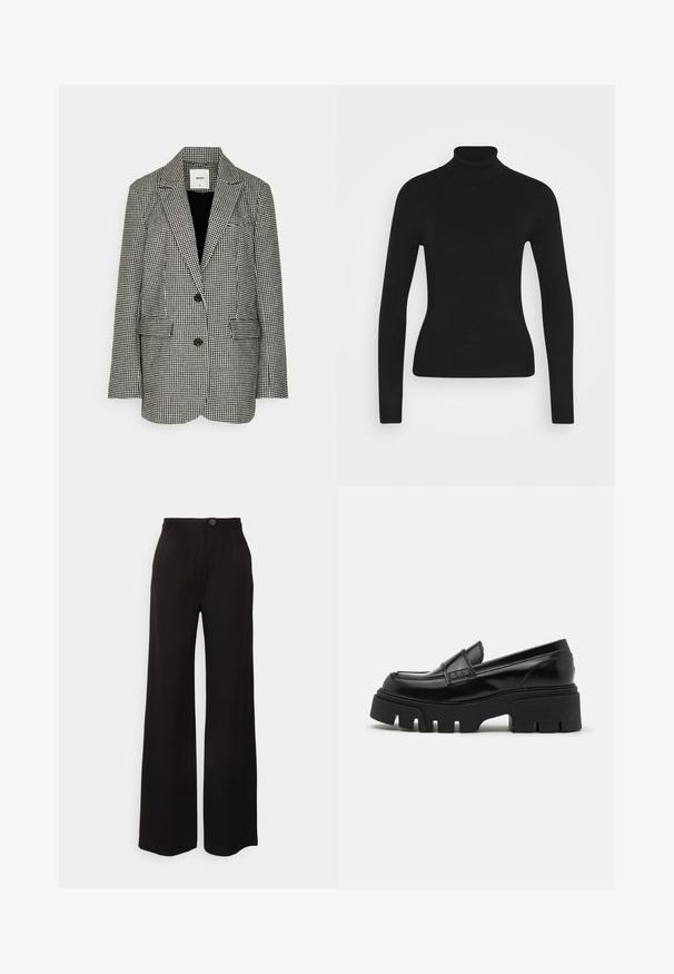 Object Tall OBJTULIPA OVERSIZED BLAZER - Korte frakker - black; Sort turtleneck sweater med lange ærmer, lavet af et glat strikket stof. Har et tætsiddende design og en ribbet krave.; Sorte vide ben bukser lavet af et glat stof, med en frontknaplukning og to frontfolder for ekstra detaljer.; Sorte læder loafers med en chunky, tekstureret platformssål og en dekorativ rem over toppen. Glat, blank finish.