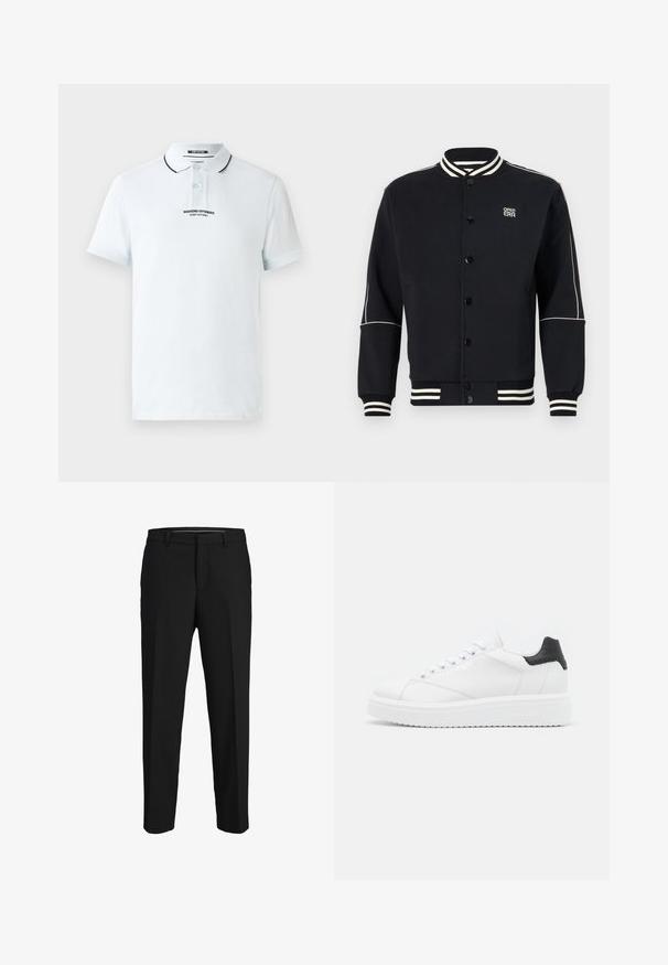 Sort sweatshirtjakke med hvidstribede ribkantede krave og manchetter. Har knaplukning og logo på øverste venstre side, lavet af blødt stof.; Lyseblå polo-shirt lavet af bomuld, med en to-knaps knaplukning, sort kravekant og et trykt logo på brystet.; Sorte bukser lavet af glat stof, med lige snit, bæltestropper og et fladt frontdesign uden synlige mønstre eller pyntegenstande.; Hvide lædersneakers med en sort hælflap, flade snørebånd, struktureret mellemsål og branding på ydersiden. Designet til afslappet brug.