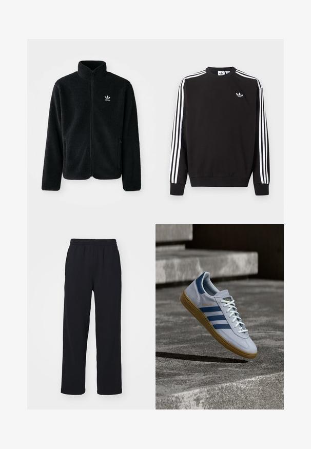 Zwarte fleece jacket met hoge kraag, ritssluiting aan de voorkant en voorzakken. Kenmerkt zich door textuurstof en een klein wit logo op de linkerborst.; Zwarte Adidas trui met witte drie strepen op de mouwen en klein wit klaverbladlogo op de linkerborst.; Zwarte sweatpants met een elastische tailleband, rechte benen en gestikte details. Gemaakt van zachte, textuurstof.; Lichtblauwe Adidas Spezial sneaker met marineblauwe strepen en rubberen zool, getoond in de lucht boven betonnen trappen in een neutrale buitenomgeving.
