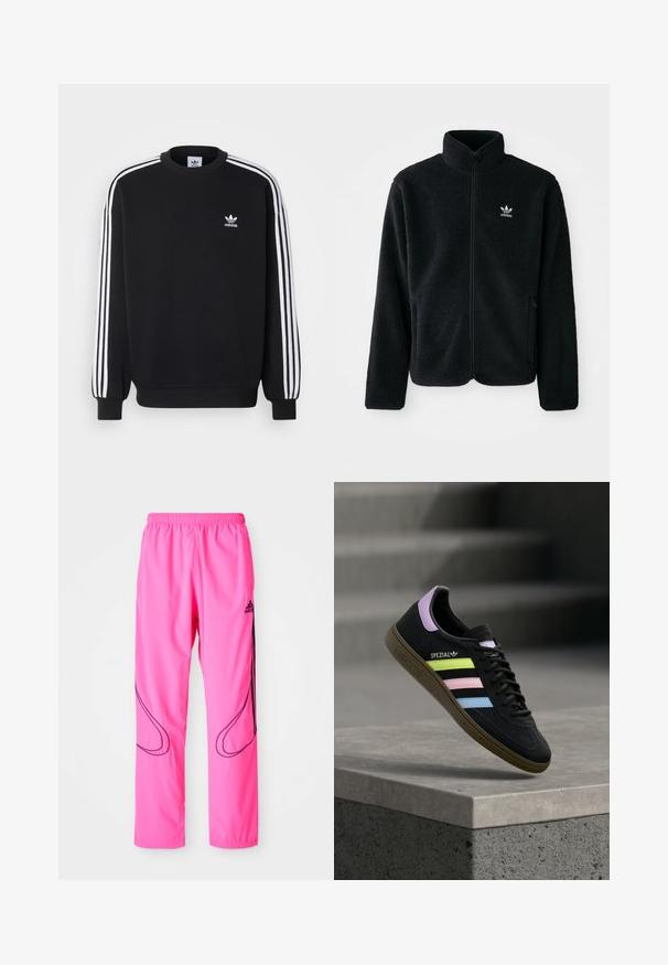 Sort fleecejakke med høj krave, lynlås foran og frontlommer. Har tekstureret stof og lille hvidt logo på venstre bryst.; Sort sweatshirt med hvidt tre-stripes design på ærmerne, rund hals, ribbede manchetter og lille hvid Adidas-logo på brystet.; Lyserøde træningsbukser med elastic waistband, sidelommer og kontrasterende sorte buede mønstre samt et Adidas-logo.; Sort Adidas Spezial sneaker med pastelgule, pink og blå striber, lavendel hælstrop og brun sål, svævende over betonforkant.