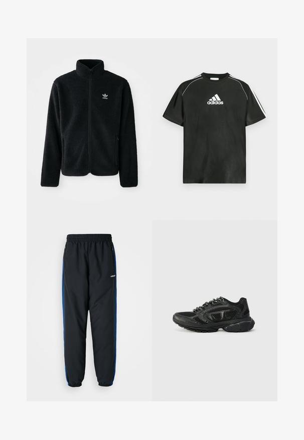 Sort fleecejakke med høj krave, lynlås foran og frontlommer. Har tekstureret stof og lille hvidt logo på venstre bryst.; Sort T-shirt med korte ærmer, hvide Adidas-logo på brystet og hvide striber på skuldrene. Fremstillet af glat stof, afslappet pasform.; Sorte atletiske bukser med elastisk talje, blå sideløb, lynlåslommer og tætsiddende benafslutninger for en stram pasform. Lavet af let materiale.; Sorte atletiske sneakers med et mesh-overdel, teksturerede detaljer og polstret krave. Snørebåndsdesign med en tykk gummisål for støtte.
