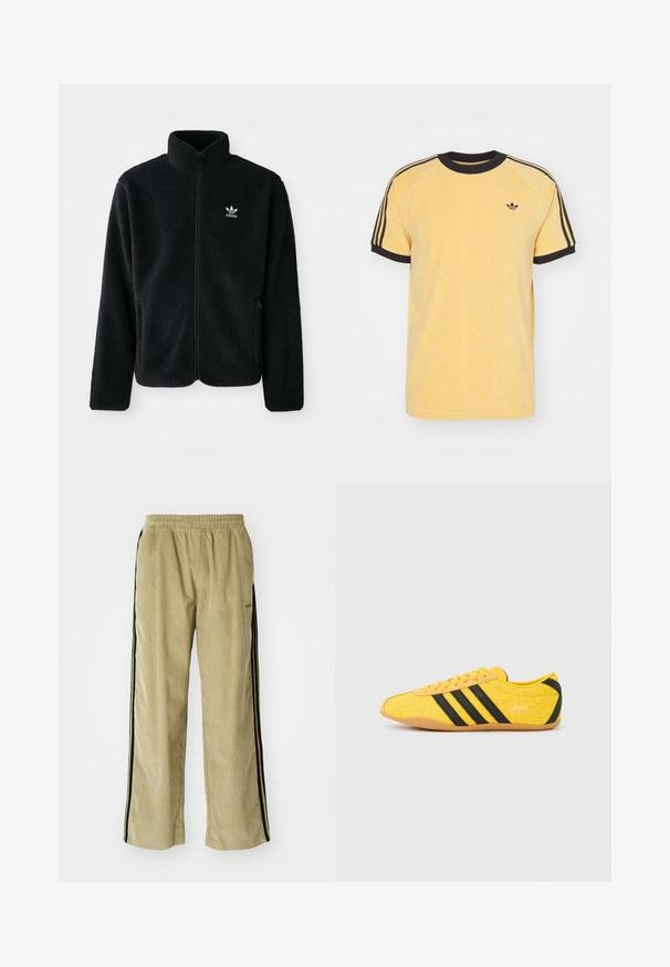 Čierna fleecová bunda s vysokým golierom, zipsom na prednej strane a prednými vreckami. Obsahuje textúrovanú tkaninu a malé biele logo na ľavej hrudi.; adidas Originals CALI TEE - Tričko s potlačou - oat; Bežové kordové nohavice s elastickým pásom, s čiernymi bočnými pruhmi. Tkanina má ryhovanú textúru, na spodnej strane sú mierne rozšírené.; Žltá športová obuv s textúrovaným zvrškom, s čiernymi pruhmi a logom. Zaoblená špička, mäkká podrážka a vzor v tvare cik-cak na materiáli.