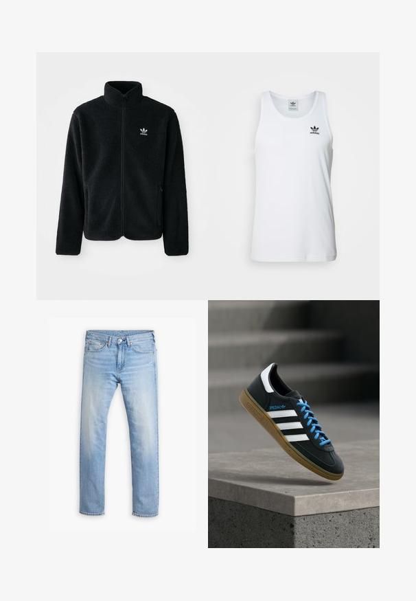 Zwarte fleece jacket met hoge kraag, ritssluiting aan de voorkant en voorzakken. Kenmerkt zich door textuurstof en een klein wit logo op de linkerborst.; Witte geribde tanktop met ronde hals, zwarte Adidas-logo op de linkerborst en zonder mouwen. Zachte katoenen stof, casual pasvorm.; Lichtblauwe denim jeans met een rechte pijp, vijf zakken en een knoopsluiting. Kenmerkt zich door subtiele vervaging en oranje stikselaccenten.; Zwarte Adidas-sneaker met witte strepen, blauwe veters en een gumzool die boven een grijze betonnen trede zweeft in zacht licht.