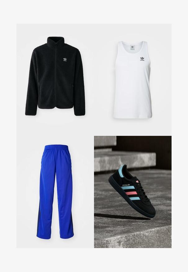 Sort fleecejakke med høj krave, lynlås foran og frontlommer. Har tekstureret stof og lille hvidt logo på venstre bryst.; Hvid ribbet tanktop med rund halsudskæring, sort Adidas-logo på venstre bryst og uden ærmer. Blødt bommateriale, afslappet pasform.; Blå sportsbukser med elastisk talje, med sidelister i sort, løstsiddende pasform og glat tekstur.; Sort Adidas Spezial sneaker med blå og pink striber, svævende over en tekstureret grå betonoverflade med skygge nedenunder.