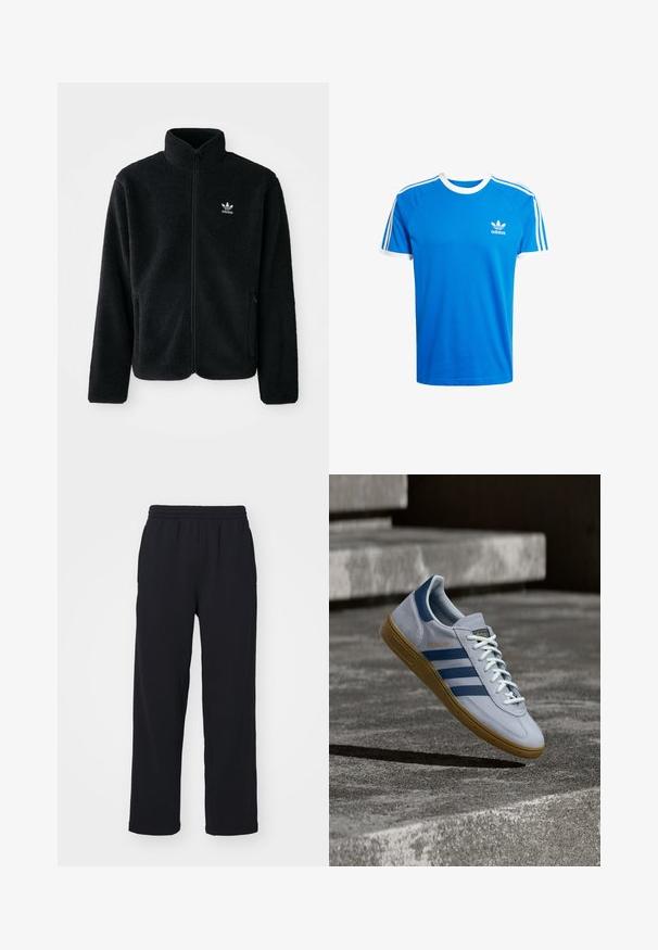 Sort fleecejakke med høj krave, lynlås foran og frontlommer. Har tekstureret stof og lille hvidt logo på venstre bryst.; Blå bomulds t-shirt med hvid ribbet rund hals og ærmesømme. Har klassiske tre hvide striber langs skuldrene; lille logo på brystet.; Sorte sweatpants med elastisk talje, lige ben og stikninger. Fremstillet af blødt, tekstureret stof.; Lyseblå Adidas Spezial sneakers med marineblå striber og gummisål, vist i luften over betontrapper i et neutralt udendørsmiljø.