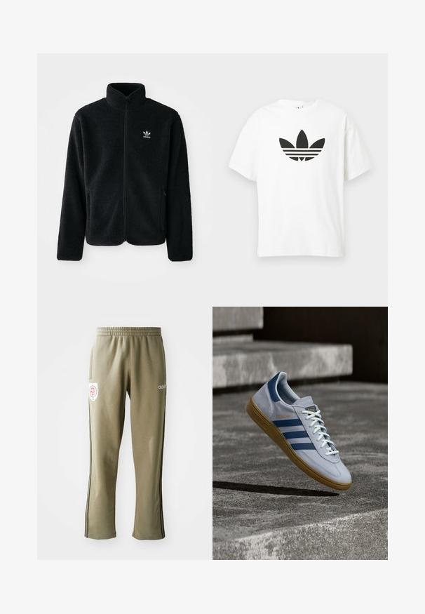 Schwarze Fleecejacke mit hohem Kragen, durchgehendem Reißverschluss und Fronttaschen. Verfügt über strukturiertes Material und ein kleines weißes Logo auf der linken Brust.; Weißes Baumwoll-T-Shirt mit großem schwarzem Adidas Trefoil-Logo und drei horizontalen Streifen darunter. Kurze Ärmel, Rundhalsausschnitt.; Olivgrüne Jogginghosen mit einem elastischen Bund, Seitentaschen, schwarzen seitlichen Streifen und einem Logo-Patch am Oberschenkel.; Hellblauer Adidas Spezial Sneaker mit dunkelblauen Streifen und Gummisohle, in der Luft über Betontreppen in neutralem Außenbereich gezeigt.