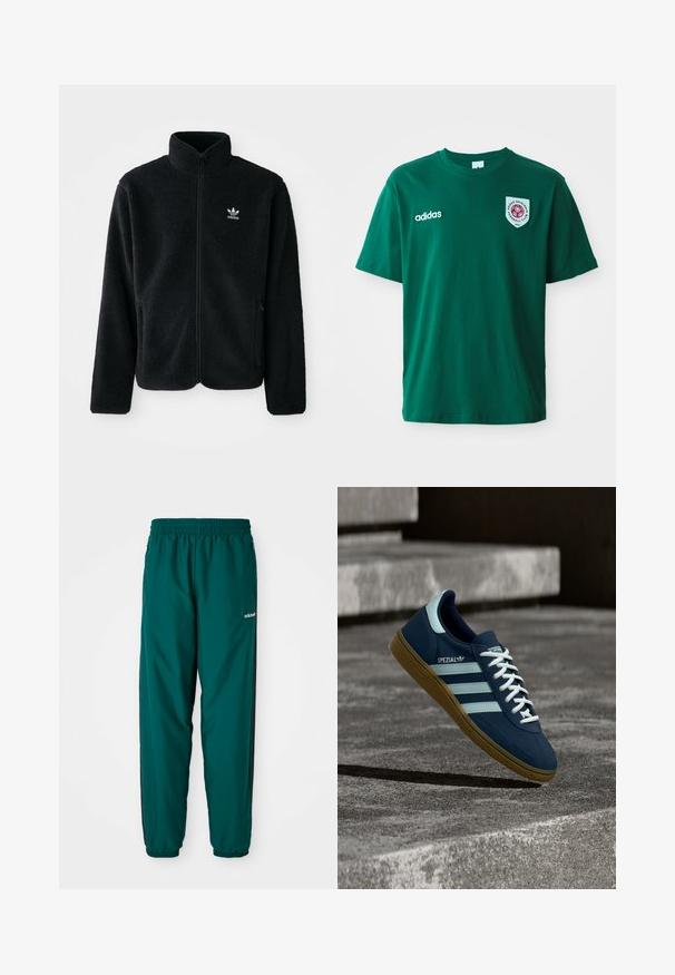 Schwarze Fleecejacke mit hohem Kragen, durchgehendem Reißverschluss und Fronttaschen. Verfügt über strukturiertes Material und ein kleines weißes Logo auf der linken Brust.; Grünes Baumwoll-T-Shirt mit Rundhalsausschnitt, kurzen Ärmeln, Adidas-Logo auf der linken Seite und einem runden Emblem mit rotem Design auf der rechten Seite.; Grüne Sporthosen aus leichtem Material, mit einem elastischen Bund, Seitentaschen und schwarzen Seitenstreifen. Adidas-Logo sichtbar.; Blauer Adidas Spezial Sneaker mit weißen Streifen und Schnürsenkeln, Gummisohle, schwebend über rauer Betonoberfläche und Treppen im Hintergrund.