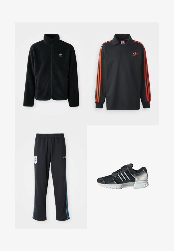 Schwarze Fleecejacke mit hohem Kragen, durchgehendem Reißverschluss und Fronttaschen. Verfügt über strukturiertes Material und ein kleines weißes Logo auf der linken Brust.; Schwarzes Langarm-Polo mit Kragen, das rote Streifen an den Ärmeln und ein kleines rotes Logo auf der Brust trägt. Glatte Stoffstruktur.; Schwarze Polyester-Sporthosen mit elastischem Bund, ausgestattet mit einem blauen Streifen an der Seite und einem Logo auf der linken Vorderseite der Hüfte.; Schwarzer und grauer Sportschuh mit weißer Sohle, Mesh-Obermaterial, seitlichen Streifen und Schnürverschluss, von der Außenseite vor weißem Hintergrund dargestellt.