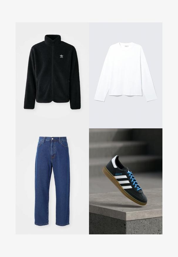 Chupa de forro polar negro con cuello alto, cierre frontal y bolsillos delanteros. Presenta tela texturizada y un pequeño logo blanco en el lado izquierdo del pecho.; Camiseta blanca lisa de manga larga con cuello redondo, corte holgado y etiqueta de la marca visible en el cuello, colocada plana sobre un fondo claro.; Vaqueros de tiro alto de algodón, con una silueta de pierna recta, costuras visibles y un cierre de botón en la parte delantera.; Zapatilla negra Adidas con franjas blancas, cordones azules y suela de goma flotando sobre un escalón de hormigón gris con luz suave.