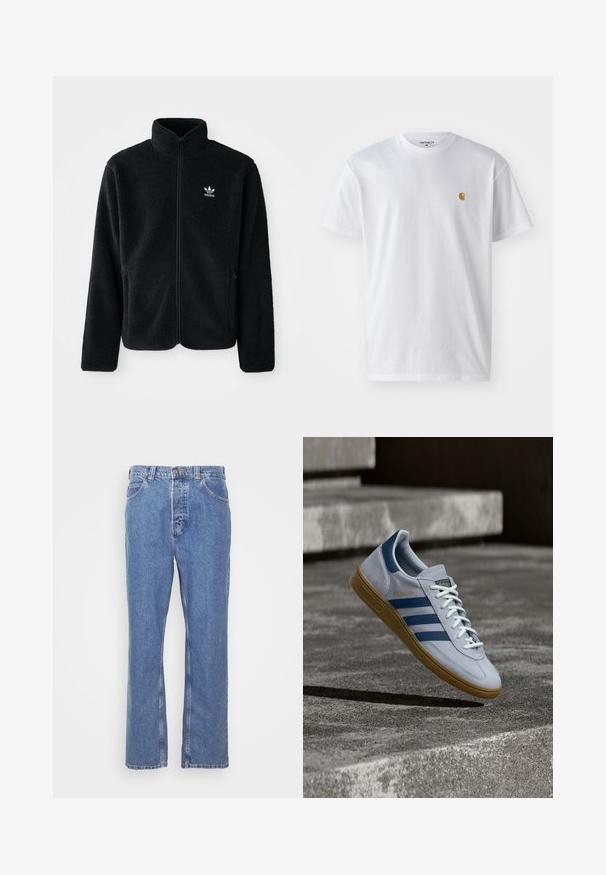 Zwarte fleece jacket met hoge kraag, ritssluiting aan de voorkant en voorzakken. Kenmerkt zich door textuurstof en een klein wit logo op de linkerborst.; Witte katoenen t-shirt met korte mouwen en ronde hals, voorzien van een klein gouden logo op de linkerkant van de borst. Zachte textuur en een normale pasvorm.; Blauwe denim jeans met een rechte pasvorm, vijf zakken, riemlussen en een knoopsluiting. De stof heeft een zachte, gestructureerde afwerking.; Lichtblauwe Adidas Spezial sneaker met marineblauwe strepen en rubberen zool, getoond in de lucht boven betonnen trappen in een neutrale buitenomgeving.