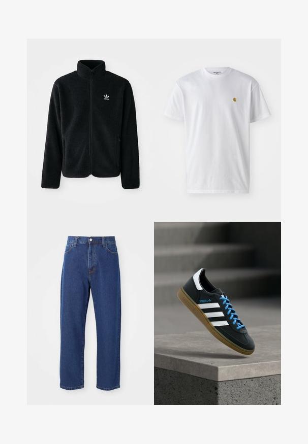 Schwarze Fleecejacke mit hohem Kragen, durchgehendem Reißverschluss und Fronttaschen. Verfügt über strukturiertes Material und ein kleines weißes Logo auf der linken Brust.; Weißes Baumwoll-T-Shirt mit kurzen Ärmeln, Rundhalsausschnitt, mit einem kleinen goldenen Logo im linken Brustbereich. Weicher Stoff und normale Passform.; Hoch taillierte blaue Jeans aus Denim, mit geradem Bein, sichtbaren Nähten und einem Frontknopfverschluss.; Schwarzer Adidas-Sneaker mit weißen Streifen, blauen Schnürsenkeln und Gummisohle, der über einer grauen Betontreppe im weichen Licht schwebt.