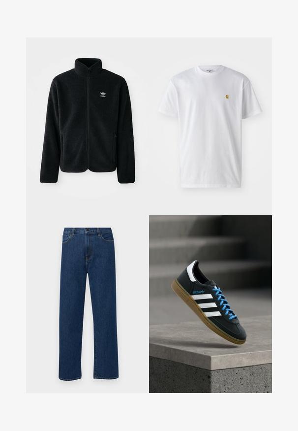 Sort fleecejakke med høj krave, lynlås foran og frontlommer. Har tekstureret stof og lille hvidt logo på venstre bryst.; Hvid bomulds t-shirt med korte ærmer, rund hals og et lille guld logo på venstre brystområde. Blød tekstur og almindelig pasform.; Mørkeblå straight-leg denim jeans med forhåndslommer og knaplukning, vist på en ensfarvet hvid baggrund.; Sort Adidas sneaker med hvide striber, blå snørebånd og gummisål, der svæver over gråt betontrin i blødt lys.