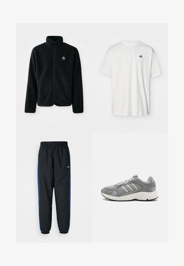 Sort fleecejakke med høj krave, lynlås foran og frontlommer. Har tekstureret stof og lille hvidt logo på venstre bryst.; Hvid bomulds t-shirt med korte ærmer, rund hals og et lille sort Adidas-logo på venstre bryst. Blød tekstur, afslappet pasform.; Sorte atletiske bukser med elastisk talje, blå sideløb, lynlåslommer og tætsiddende benafslutninger for en stram pasform. Lavet af let materiale.; Grå atletisk sko med mesh- og ruskindsmaterialer, med hvide snørebånd, en polstret krave og en chunky hvid mellemsål med strukturerede detaljer.
