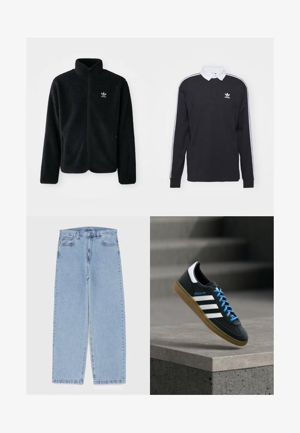 Zwarte fleece jacket met hoge kraag, ritssluiting aan de voorkant en voorzakken. Kenmerkt zich door textuurstof en een klein wit logo op de linkerborst.; Zwarte longsleeve polo met witte kraag en drie witte strepen langs de mouwen; voorzien van een geborduurd Adidas-logo op de borst.; Lichtblauwe denim jeans met een recht model, voorzien van een middelhoge taille, vijf zakken en een knoop- en ritssluiting.; Zwarte Adidas-sneaker met witte strepen, blauwe veters en een gumzool die boven een grijze betonnen trede zweeft in zacht licht.