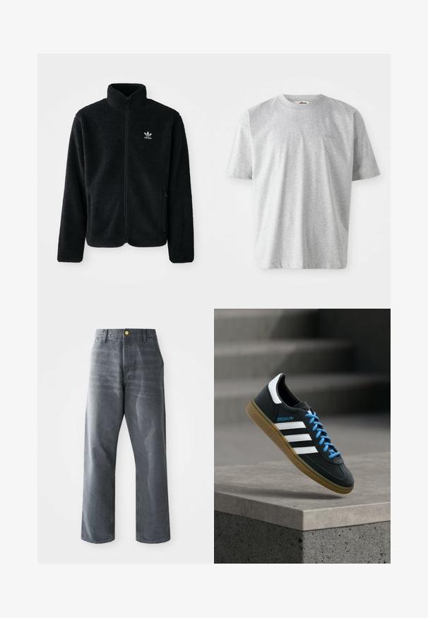 Veste en polaire noire avec col haut, fermeture éclair à l'avant et poches перед тобой. Présente un tissu texturé et un petit logo blanc sur la poitrine gauche.; T-shirt gris à manches courtes en tissu doux. Il présente un col rond et un logo subtil brodé sur le devant.; Jean en denim gris à jambes larges pour homme, coupe ample, avec poches avant et un bouton doré visible sur la ceinture.; Baskets Adidas noires avec des rayures blanches, des lacets bleus et une semelle en gomme flottant au-dessus d'une marche en béton grise sous une lumière douce.