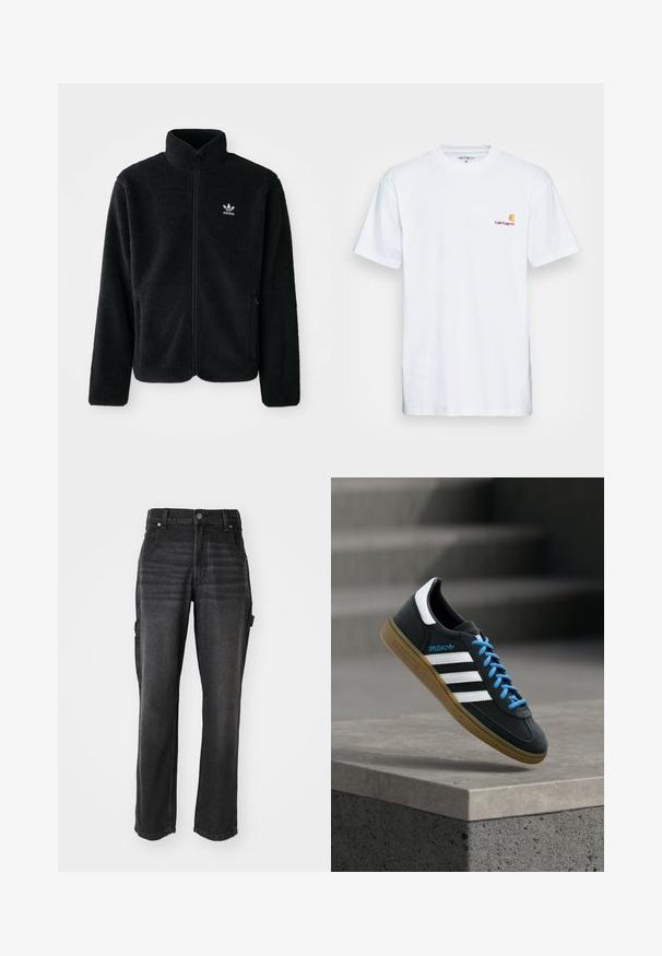Zwarte fleece jacket met hoge kraag, ritssluiting aan de voorkant en voorzakken. Kenmerkt zich door textuurstof en een klein wit logo op de linkerborst.; Witte katoenen t-shirt met korte mouwen. Ontworpen met een klein oranje en kastanjebruin logo op de linkerkant van de borst. Heeft een klassieke ronde hals.; Zwarte denim cargobroek met rechte pijpen, voorzien van zijzakken, een metalen knoopsluiting en ton-sur-ton stiksels. Gelaagd stof.; Zwarte Adidas-sneaker met witte strepen, blauwe veters en een gumzool die boven een grijze betonnen trede zweeft in zacht licht.