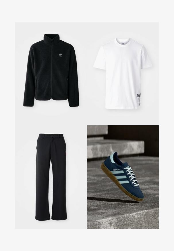 Chupa de forro polar negro con cuello alto, cierre frontal y bolsillos delanteros. Presenta tela texturizada y un pequeño logo blanco en el lado izquierdo del pecho.; Camiseta de algodón blanca de manga corta, con cuello redondo y un parche del logo de Adidas en negro en la parte inferior izquierda. Textura suave.; Pantalones negros de pierna recta con cierre de botón y cremallera, lazos para cinturón y bolsillos laterales, exhibidos sobre un fondo blanco.; Zapatilla azul Adidas Spezial con rayas y cordones blancos, suela de goma, flotando sobre una superficie de hormigón rugosa y escaleras de fondo.