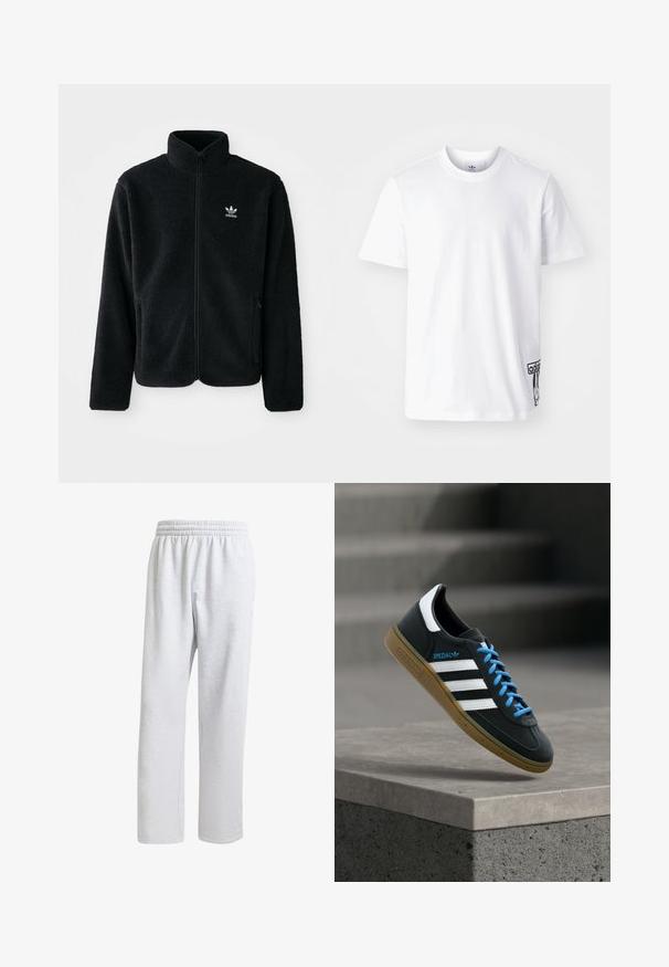 Schwarze Fleecejacke mit hohem Kragen, durchgehendem Reißverschluss und Fronttaschen. Verfügt über strukturiertes Material und ein kleines weißes Logo auf der linken Brust.; Weißes Baumwoll-T-Shirt mit kurzen Ärmeln, Rundhalsausschnitt und einem schwarzen Adidas-Logo-Patch auf der unteren linken Seite. Glatte Textur.; adidas Originals PREMIUM ESSENTIALS OPEN HEM - Jogginghose - light grey heather; Schwarzer Adidas-Sneaker mit weißen Streifen, blauen Schnürsenkeln und Gummisohle, der über einer grauen Betontreppe im weichen Licht schwebt.