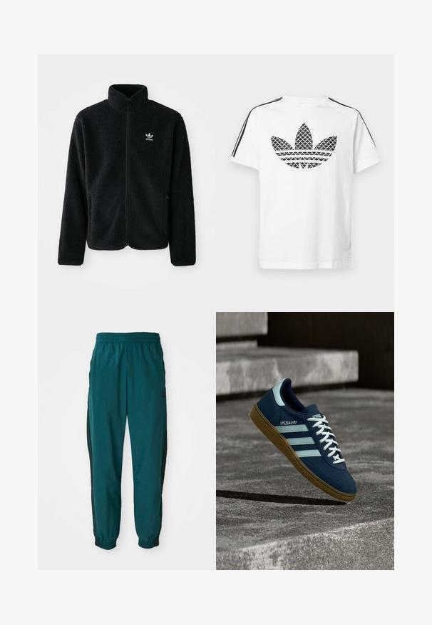 Schwarze Fleecejacke mit hohem Kragen, durchgehendem Reißverschluss und Fronttaschen. Verfügt über strukturiertes Material und ein kleines weißes Logo auf der linken Brust.; Weißes Baumwoll-T-Shirt mit schwarzem, grafischem Trefoil-Logo auf der Vorderseite, verziert mit schwarzen Streifen entlang der Schultern als Akzent.; Türkise Sporthose mit einem Kordelzugbund, elastischen Bündchen und seitlichen schwarzen Streifen. Hergestellt aus leichtem Stoff und mit einem Logo in der Nähe der Hüfte.; Blauer Adidas Spezial Sneaker mit weißen Streifen und Schnürsenkeln, Gummisohle, schwebend über rauer Betonoberfläche und Treppen im Hintergrund.