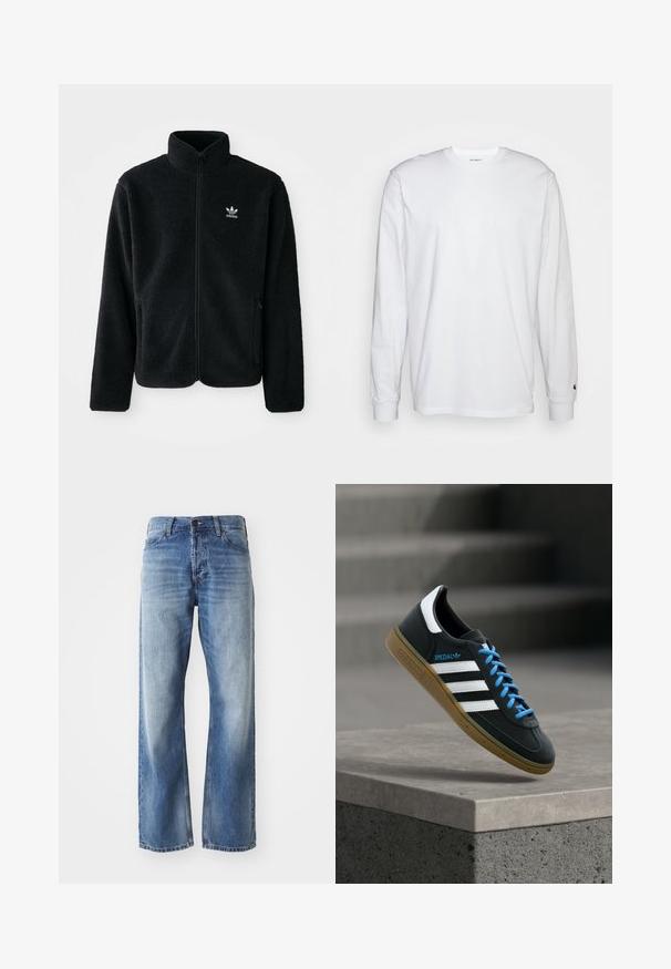 Sort fleecejakke med høj krave, lynlås foran og frontlommer. Har tekstureret stof og lille hvidt logo på venstre bryst.; Hvid langærmet T-shirt lavet af bomuld. Rund halsudskæring med ribbede manchetter og et lille logo på venstre ærme. Glat tekstur.; Blå denim straight-leg jeans med let fading på lårene og knæene, med fem lommer og en knaplukning.; Sort Adidas sneaker med hvide striber, blå snørebånd og gummisål, der svæver over gråt betontrin i blødt lys.
