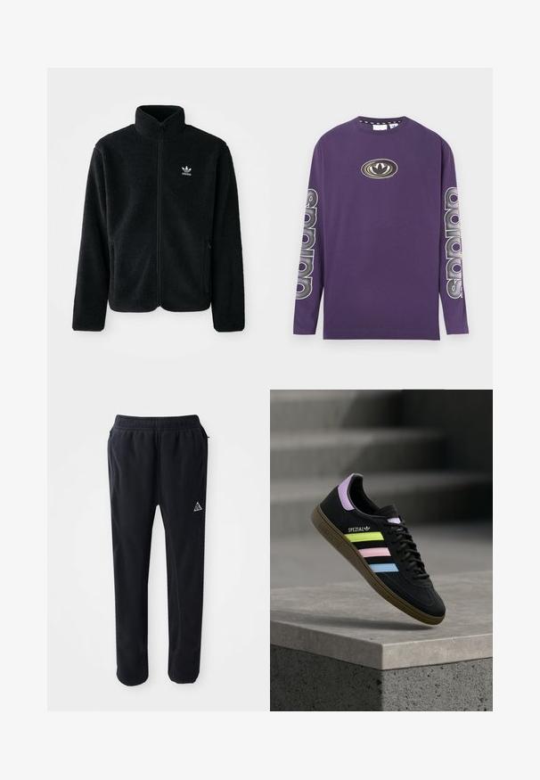 Zwarte fleece jacket met hoge kraag, ritssluiting aan de voorkant en voorzakken. Kenmerkt zich door textuurstof en een klein wit logo op de linkerborst.; Paarse longsleeve van katoen. Heeft een ronde hals, een centraal geplaatst logo en verticale tekst op beide mouwen. Glad van structuur.; Zwarte sportbroek van een zachte, gestructureerde stof, met een elastische tailleband, zijzakken en een driehoekig logo accent op de dij.; Zwarte Adidas Spezial sneaker met pastelgele, roze en blauwe strepen, lavendelkleurig hielhaakje en bruine zool, zwevend boven een betonnen richel.