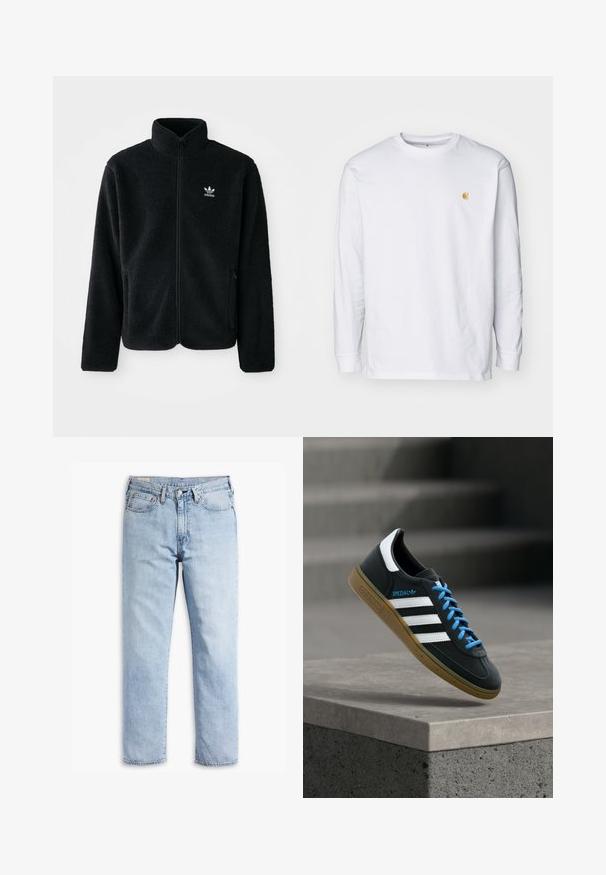 Sort fleecejakke med høj krave, lynlås foran og frontlommer. Har tekstureret stof og lille hvidt logo på venstre bryst.; Hvid langærmet t-shirt lavet af bomuld. Har et lille gyldent logo på brystet og en rund halsudskæring. Enkel design og standard pasform.; Lyseblå denimjeans med lige ben, fem-lommerstil og robust syning. Har lynlås og metalknap.; Sort Adidas sneaker med hvide striber, blå snørebånd og gummisål, der svæver over gråt betontrin i blødt lys.