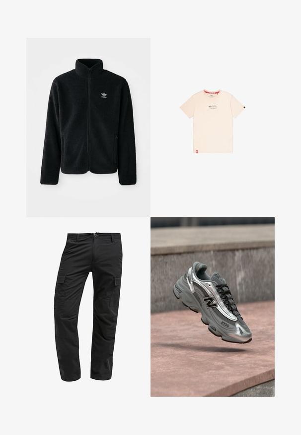 Zwarte fleece jacket met hoge kraag, ritssluiting aan de voorkant en voorzakken. Kenmerkt zich door textuurstof en een klein wit logo op de linkerborst.; Beige T-shirt met korte mouwen met klein zwart Alpha Industries-logo en tekst op de borst, rode label aan de onderkant van de zoom en zwart label op de mouw.; Zwarte cargobroek met een rechte snit, gemaakt van duurzaam materiaal, met meerdere zijzakken en een knoopsluiting bij de taille.; Grijze en zilveren New Balance sneaker met het label "1000" die boven een rozeachtige stenen ondergrond zweeft, met een grijze stenen muur op de achtergrond.