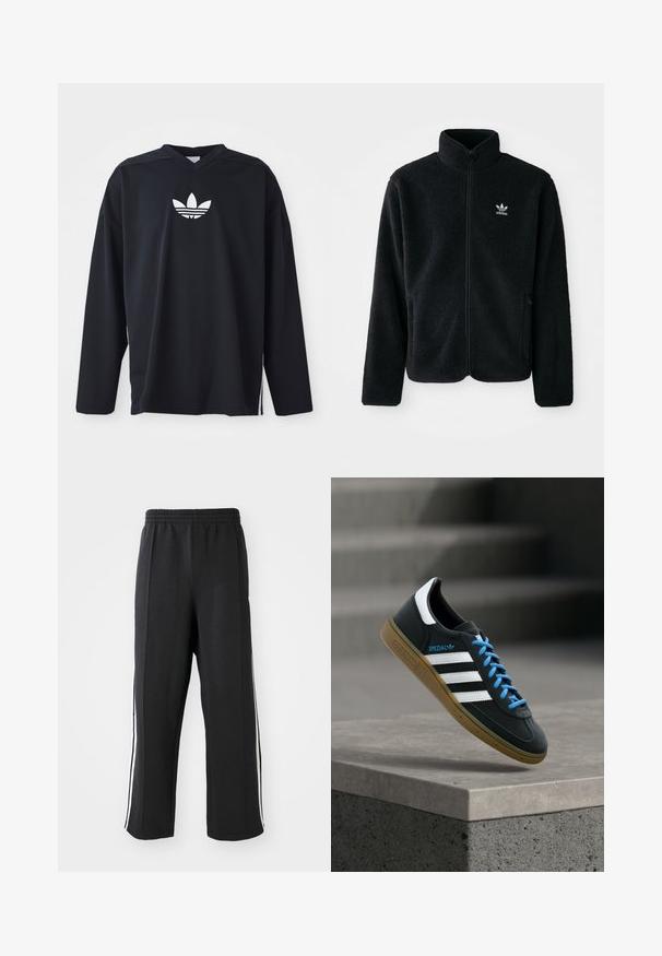 Schwarze Fleecejacke mit hohem Kragen, durchgehendem Reißverschluss und Fronttaschen. Verfügt über strukturiertes Material und ein kleines weißes Logo auf der linken Brust.; Schwarzes Langarmtrikot aus Mesh-Material, mit V-Ausschnitt und weißem Adidas-Trefoil-Logo auf der Brust. Seitliche Schlitze am Saum.; Schwarze Jogginghose mit elastischem Bund, ausgestattet mit weißen seitlichen Streifen und einem lässigen Schnitt. Hergestellt aus weichem, dehnbarem Stoff.; Schwarzer Adidas-Sneaker mit weißen Streifen, blauen Schnürsenkeln und Gummisohle, der über einer grauen Betontreppe im weichen Licht schwebt.
