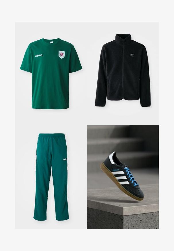 Sort fleecejakke med høj krave, lynlås foran og frontlommer. Har tekstureret stof og lille hvidt logo på venstre bryst.; Grøn bomulds T-shirt med rund hals, korte ærmer, Adidas-logo på venstre side og et cirkulært mærke med et rødt design på højre side.; Grønne træningsbukser lavet af letvægtsstof, med elastisk talje, sidelommer og hvidt Adidas-logo på venstre side.; Sort Adidas sneaker med hvide striber, blå snørebånd og gummisål, der svæver over gråt betontrin i blødt lys.
