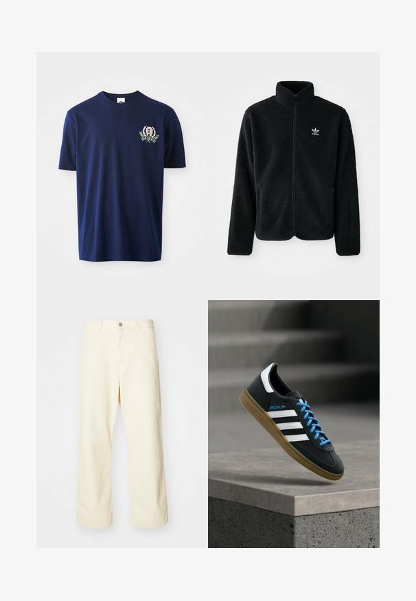 Chupa de forro polar negro con cuello alto, cierre frontal y bolsillos delanteros. Presenta tela texturizada y un pequeño logo blanco en el lado izquierdo del pecho.; Camiseta de algodón azul marino de manga corta, con cuello redondo y logo bordado con acentos de laurel en el lado izquierdo del pecho.; Pantalones de pierna ancha color crema hechos de algodón, con cierre de botón, presillas para cinturón y dobladillo cosido. Textura suave, sin patrones visibles.; Zapatilla negra Adidas con franjas blancas, cordones azules y suela de goma flotando sobre un escalón de hormigón gris con luz suave.