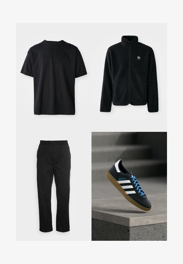 Schwarze Fleecejacke mit hohem Kragen, durchgehendem Reißverschluss und Fronttaschen. Verfügt über strukturiertes Material und ein kleines weißes Logo auf der linken Brust.; Schwarzes Crew-Neck-T-Shirt aus Baumwolle. Kurze Ärmel, Standardpassform, keine sichtbaren Muster, minimalistisches Design mit subtilen Logodetails.; Schwarze Baumwollhose mit elastischem Bund, geraden Beinen und seitlichen Taschen. Glatte Textur ohne Muster oder Akzente.; Schwarzer Adidas-Sneaker mit weißen Streifen, blauen Schnürsenkeln und Gummisohle, der über einer grauen Betontreppe im weichen Licht schwebt.