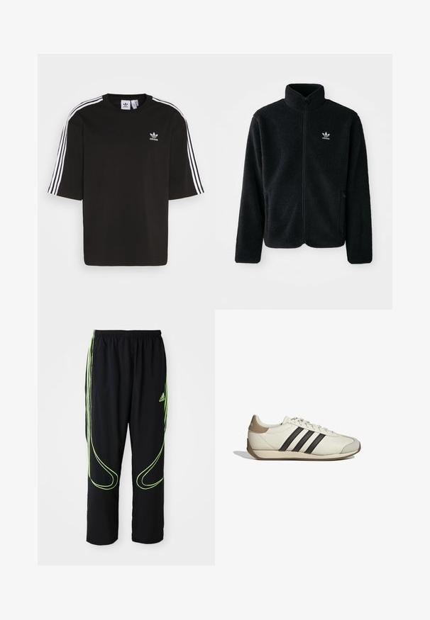 Zwarte fleece jacket met hoge kraag, ritssluiting aan de voorkant en voorzakken. Kenmerkt zich door textuurstof en een klein wit logo op de linkerborst.; Zwarte T-shirt met korte mouwen, gemaakt van katoen, met witte drie-strepen accenten op de schouders en een geborduurd Adidas-logo op de borst.; Zwarte Adidas sportbroek met neon groene gebogen lijnen en drie strepen aan de zijkanten, elastische tailleband en het Adidas-logo op de voorkant van de bovenbenen.; Witte leren sneaker met drie zwarte strepen, een beige hielkap en een gestructureerde grijze neuskap. Glad oppervlak met een gumzool.